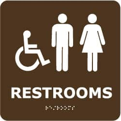 NMC - Restrooms, 8" Wide x 8" High, Plastic Sign - English, Braille, White on Brown, Wall Mount - Caliber Tooling