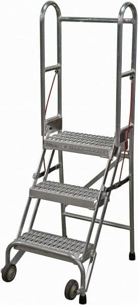 Cotterman - 60" 3 Step Rolling Warehouse Ladder - Portable Folding Safety Ladder, 350 Lb Capacity, 30" Platform Height, 21" Base Width x 28" Base Depth, Serrated - Caliber Tooling