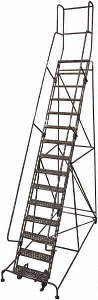 Cotterman - 192" 15 Step Rolling Warehouse Ladder - 50° Incline, 450 Lb Capacity, 150" Platform Height, 44" Base Width x 143" Base Depth, Perforated Tread - Caliber Tooling