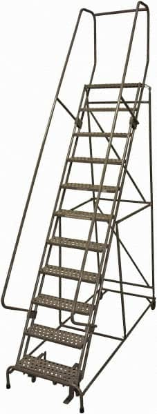 Cotterman - 140" 11 Step Rolling Warehouse Ladder - 50° Incline, 450 Lb Capacity, 110" Platform Height, 34" Base Width x 106" Base Depth, Perforated Tread - Caliber Tooling