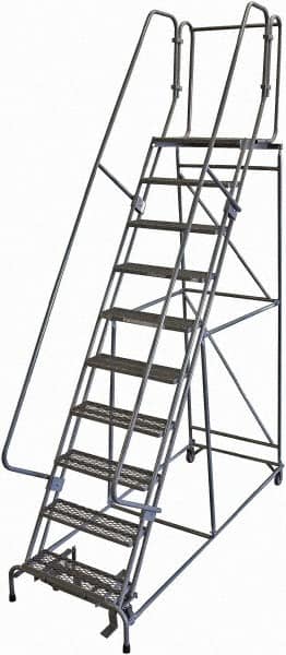 Cotterman - 130" 10 Step Rolling Warehouse Ladder - 50° Incline, 450 Lb Capacity, 100" Platform Height, 34" Base Width x 97" Base Depth, Perforated Tread - Caliber Tooling