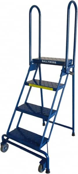 Ballymore - 60" 4 Step Rolling Warehouse Ladder - Lock-N-Stock, 300 Lb Capacity, 38" Platform Height, 24" Base Width x 30" Base Depth, Perforated Tread - Caliber Tooling