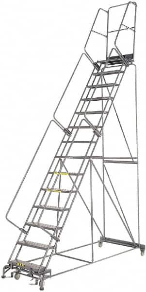 Ballymore - 185" 14 Step Rolling Warehouse Ladder - Lock Step Rolling Safety Ladder, 450 Lb Capacity, 140" Platform Height, 40" Base Width x 100" Base Depth, Perforated Tread - Caliber Tooling