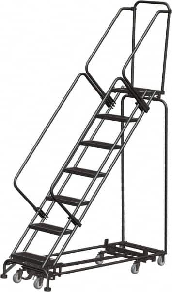 Ballymore - 103" 7 Step Rolling Warehouse Ladder - Lock Step Rolling Safety Ladder, 450 Lb Capacity, 70" Platform Height, 32" Base Width x 66" Base Depth, Perforated Tread - Caliber Tooling