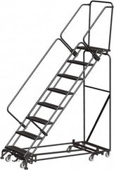 Ballymore - 113" 8 Step Rolling Warehouse Ladder - Lock Step Rolling Safety Ladder, 450 Lb Capacity, 80" Platform Height, 24" Base Width x 74" Base Depth, Perforated Tread - Caliber Tooling