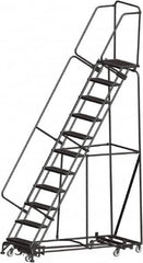 Ballymore - 143" 11 Step Rolling Warehouse Ladder - Lock Step Rolling Safety Ladder, 450 Lb Capacity, 110" Platform Height, 32" Base Width x 80" Base Depth, Perforated Tread - Caliber Tooling