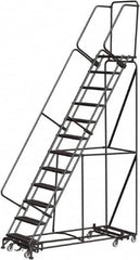 Ballymore - 153" 12 Step Rolling Warehouse Ladder - Lock Step Rolling Safety Ladder, 450 Lb Capacity, 120" Platform Height, 32" Base Width x 87" Base Depth, Perforated Tread - Caliber Tooling