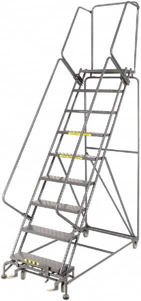 Ballymore - 123" 9 Step Rolling Warehouse Ladder - Lock Step Rolling Safety Ladder, 450 Lb Capacity, 90" Platform Height, 32" Base Width x 68" Base Depth, Perforated Tread - Caliber Tooling