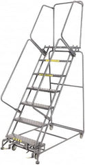 Ballymore - 103" 7 Step Rolling Warehouse Ladder - Lock Step Rolling Safety Ladder, 450 Lb Capacity, 70" Platform Height, 32" Base Width x 55" Base Depth, Perforated Tread - Caliber Tooling