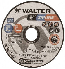 WALTER Surface Technologies - 4-1/2" Aluminum Oxide/Silicon Carbide Blend Cutoff Wheel - 1/32" Thick, 7/8" Arbor, 13,300 Max RPM, Use with Angle Grinders - Caliber Tooling