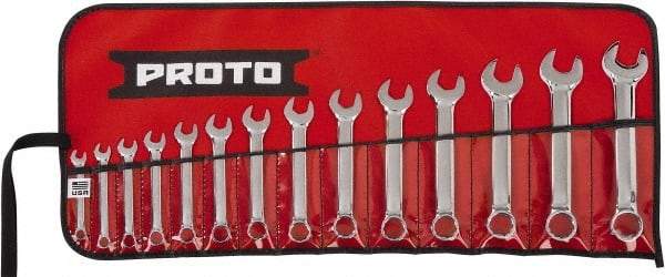 Proto - 14 Piece, 6mm to 19mm, 12 Point Extra Short Combination Wrench Set - Metric Measurement Standard, Full Polish Chrome Finish, Comes in Tool Roll - Caliber Tooling