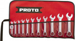 Proto - 11 Piece, 1/4" to 3/4", 12 Point Extra Short Combination Wrench Set - Inch Measurement Standard, Full Polish Chrome Finish, Comes in Tool Roll - Caliber Tooling