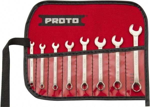 Proto - 8 Piece, 1/8" to 3/8", 6 Point Extra Short Combination Wrench Set - Inch Measurement Standard, Full Polish Finish, Comes in Nylon Roll - Caliber Tooling