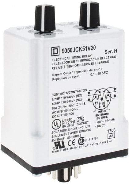 Square D - DPDT Time Delay Relay - 10 Contact Amp, 110 VDC & 120 VAC - Caliber Tooling