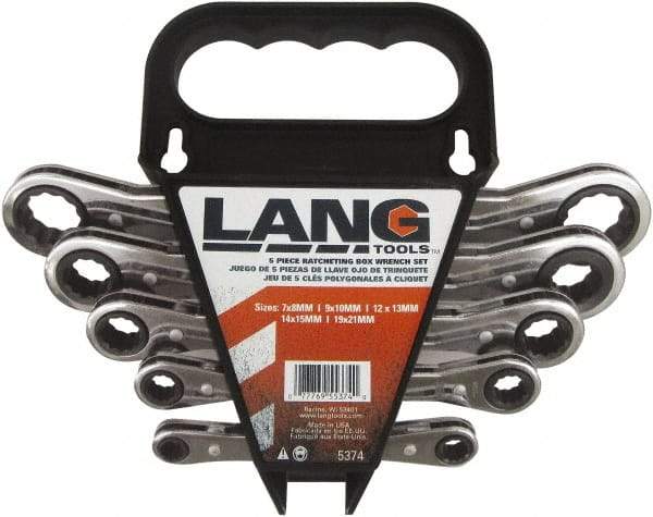 Lang - 5 Piece, 7mm to 21mm, 12 Point Ratcheting Box Wrench Set - Metric Measurement Standard, Nickel Chrome Finish, Comes in Caddy - Caliber Tooling