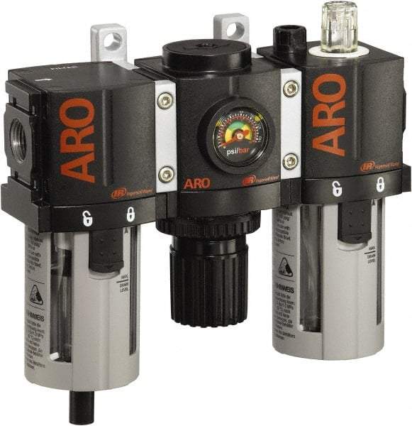 ARO/Ingersoll-Rand - 1/4" NPT Port Compact 3 Piece Filter-Regulator-Lubricator FRL Unit - Polycarbonate Bowl, 61 SCFM, 150 Max psi, 6.6" High x 6.614" Long, Manual Drain - Caliber Tooling