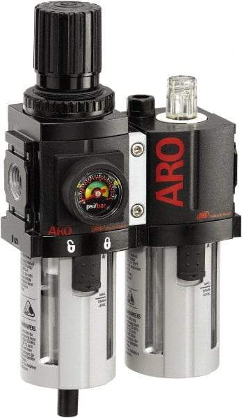 ARO/Ingersoll-Rand - 3/8" NPT Port Compact 2 Piece Filter/Regulator-Lubricator FRL Unit - Polycarbonate Bowl, 71 SCFM, 150 Max psi, 8.15" High x 4.409" Long, Manual Drain - Caliber Tooling