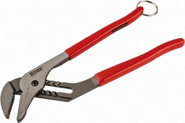 Proto - 12" OAL, 2-1/2" Jaw Width, 7 Position Tethered Tongue & Groove Pliers - V-Jaws, Vinyl Handles - Caliber Tooling