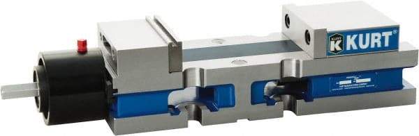 Kurt - 4" Jaw Width, 6" Jaw Opening Capacity, Horizontal Stationary Machine Vise - Reverse Hydraulic Operation, 7,800 Lb Capacity, 1 Station, 13.985" Long x 3.4900" High x 1-15/64" Deep, 1.235" Jaw Height, Ductile Iron - Caliber Tooling