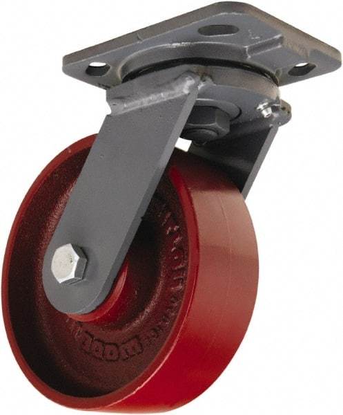 Hamilton - 6" Diam x 2" Wide x 7-1/2" OAH Top Plate Mount Swivel Caster - Cast Iron, 1,400 Lb Capacity, Sealed Precision Ball Bearing, 4 x 5" Plate - Caliber Tooling