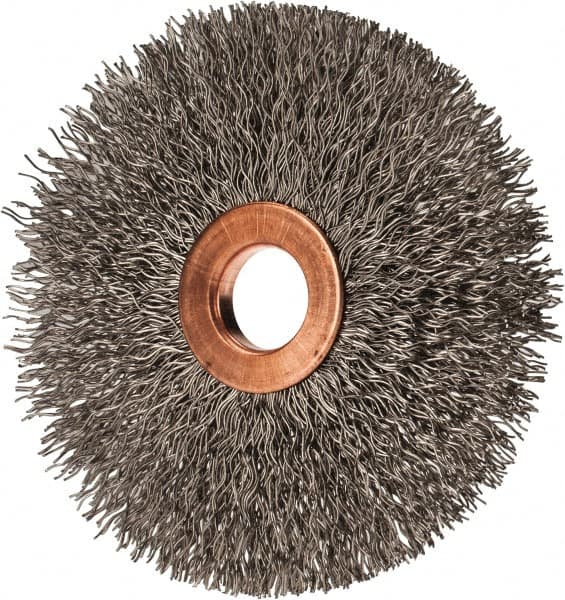 Value Collection - 3" OD, 1/2" Arbor Hole, Crimped Stainless Steel Wheel Brush - 3/8" Face Width, 1" Trim Length, 0.012" Filament Diam, 15,000 RPM - Caliber Tooling