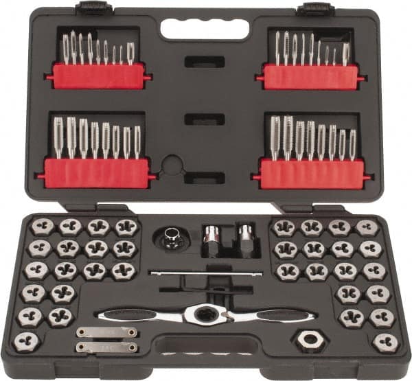 GearWrench - M3x0.50 to M12x1.75 Tap, M3x0.50 to M12x1.75 Die, BSP, Metric Coarse, Metric Fine, NPT, UNC, UNF, Tap and Die Set - Carbon Steel, Carbon Steel Taps, Plug, Taper Taps, Nonadjustable 1" Hex Size, 75 Piece Set with Plastic Case - Exact Industrial Supply