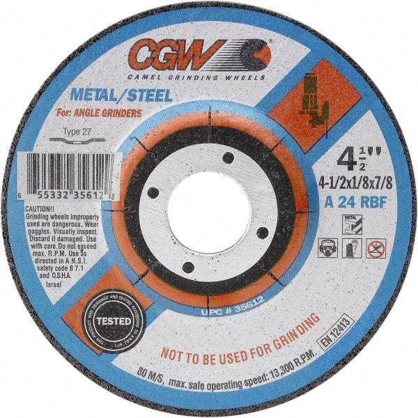 Camel Grinding Wheels - 24 Grit, 5" Wheel Diam, 1/8" Wheel Thickness, Type 27 Depressed Center Wheel - Coarse Grade, Aluminum Oxide, Resinoid Bond, 12,250 Max RPM - Caliber Tooling