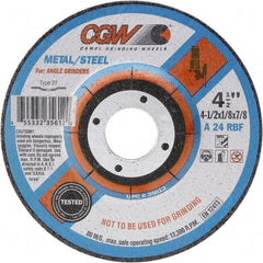 Camel Grinding Wheels - 24 Grit, 7" Wheel Diam, 1/8" Wheel Thickness, Type 27 Depressed Center Wheel - Coarse Grade, Aluminum Oxide, Resinoid Bond, 8,600 Max RPM - Caliber Tooling