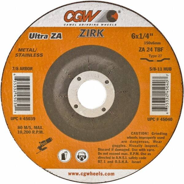 Camel Grinding Wheels - 24 Grit, 5" Wheel Diam, 1/4" Wheel Thickness, 7/8" Arbor Hole, Type 27 Depressed Center Wheel - Coarse Grade, Zirconia Alumina, Resinoid Bond, 12,250 Max RPM - Caliber Tooling