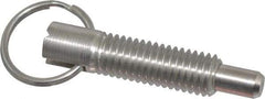 Vlier - 1/2-13, 1.4" Thread Length, 5/16" Plunger Diam, 1/2" Plunger Projection, 2.5 Lb Init to 5 Lb Final End Force, Stainless Steel Locking Pull Ring Plunger - 1.4" Len Under Head, 2" Body Len, 1.26" Ring Diam, 2" Plunger Len, 0.6" Head Height - Caliber Tooling