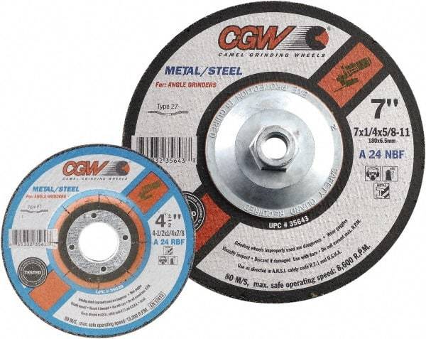 Camel Grinding Wheels - 24 Grit, 6" Wheel Diam, 1/4" Wheel Thickness, Type 27 Depressed Center Wheel - Coarse Grade, Aluminum Oxide, Resinoid Bond, 10,200 Max RPM - Caliber Tooling