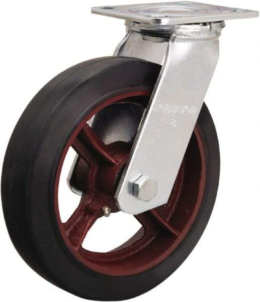 Hamilton - 8" Diam x 2" Wide x 9-1/2" OAH Top Plate Mount Swivel Caster - Rubber Mold on Cast Iron, 500 Lb Capacity, Straight Roller Bearing, 4 x 4-1/2" Plate - Caliber Tooling