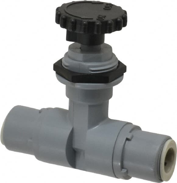 Specialty Mfr - 3/8" Pipe, Inline Needle Valve - EPDM Seal, Push To Connect x Push To Connect Ends, PVC Valve, 125 Max psi - Caliber Tooling