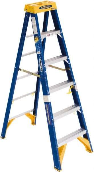 Werner - 6 Steps, 6' High, Type IAA Rating, Fiberglass Step Ladder - 375 Lb Load Capacity, 23-3/8" Base Width - Caliber Tooling