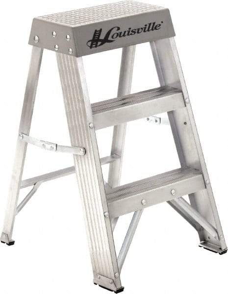 Louisville - 3 Steps, 3' High, Type IA Rating, Aluminum Step Ladder - 300 Lb Capacity, 17-1/8" Base Width - Caliber Tooling