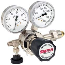 Miller-Smith - 580 CGA Inlet Connection, 15 Max psi, Argon, Nitrogen & Helium Welding Regulator - Needle Valve with 1/8" Swagelok Tube Fitting Thread - Exact Industrial Supply