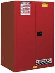 Justrite - 2 Door, 2 Shelf, Red Steel Standard Safety Cabinet for Flammable and Combustible Liquids - 65" High x 43" Wide x 34" Deep, Manual Closing Door, 3 Point Key Lock, 90 Gal Capacity - Caliber Tooling