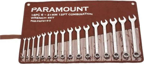 Paramount - 16 Piece, 6mm to 21mm, Combination Wrench Set - Metric Measurement Standard, Satin Chrome Finish, Comes in Canvas Roll - Caliber Tooling