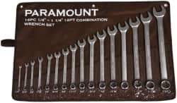 Paramount - 16 Piece, 1/4 to 1-1/4", Combination Wrench Set - Inch System of Measurement, Satin Chrome Finish, Comes in Canvas Roll - Caliber Tooling