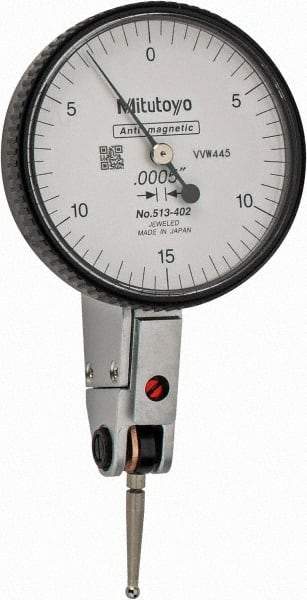 Mitutoyo - 0.03 Inch Range, 0.0005 Inch Dial Graduation, Horizontal Dial Test Indicator - 1.5748 Inch White Dial, 0-15-0 Dial Reading, Accurate to 0.0005 Inch - Caliber Tooling