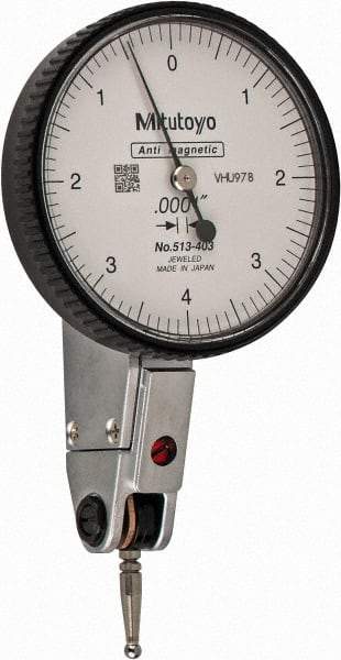 Mitutoyo - 0.008 Inch Range, 0.0001 Inch Dial Graduation, Horizontal Dial Test Indicator - 1.5748 Inch White Dial, 0-4-0 Dial Reading, Accurate to 0.0001 Inch - Caliber Tooling