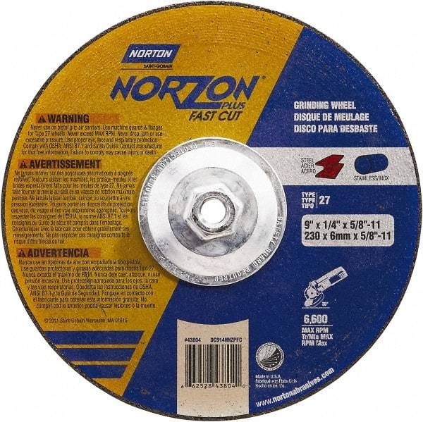 Norton - 9" Wheel Diam, 1/4" Wheel Thickness, Type 27 Depressed Center Wheel - Ceramic, Resinoid Bond, 6,600 Max RPM - Caliber Tooling