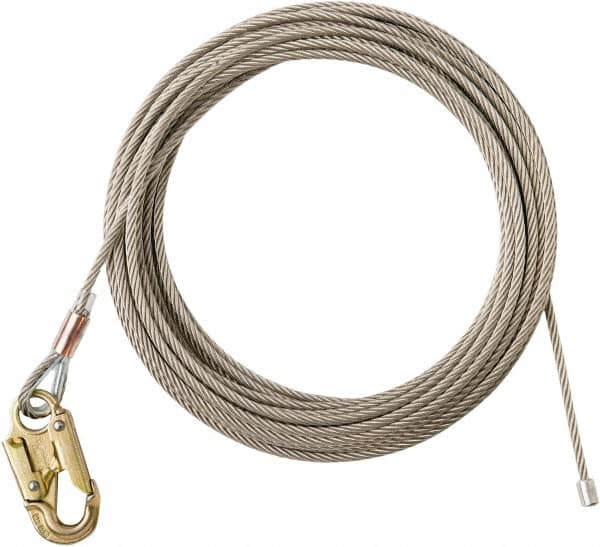 PRO-SAFE - 100' Long, 350 Lb Capacity, 1 Leg Locking Snap Hook Harness Lifeline - 5/16" Diam, Stainless Steel, Locking Snap Hook Anchorage Connection - Caliber Tooling