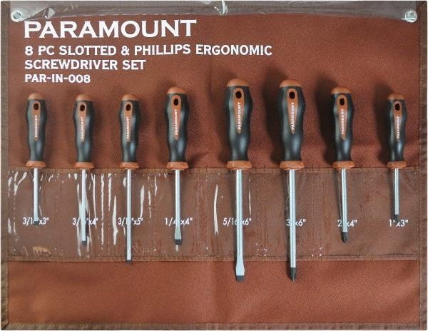 Paramount - 8 Piece Slotted, Phillips & Cabinet Screwdriver Set - Blade Sizes: Width 3/16, 1/4 & 5/16, Bit Sizes: Philips #0 to #3 - Caliber Tooling