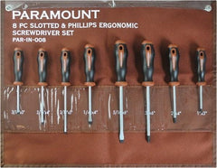 Paramount - 8 Piece Slotted, Phillips & Cabinet Screwdriver Set - Blade Sizes: Width 3/16, 1/4 & 5/16, Bit Sizes: Philips #0 to #3 - Caliber Tooling