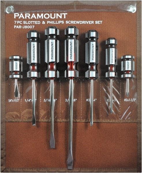 Paramount - 7 Piece Slotted, Phillips & Stubby Screwdriver Set - Blade Sizes: Width 1/4, 5/16 & 3/8, Bit Sizes: Philips #1 & #2 - Caliber Tooling