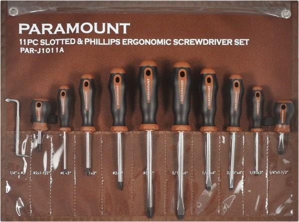 Paramount - 11 Piece Slotted, Phillips, Cabinet & Offset Screwdriver Set - Bit Sizes: Philips #0 to #3 - Caliber Tooling