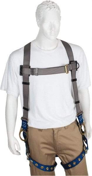 PRO-SAFE - 350 Lb Capacity, Size XXL, Full Body Back D-Ring Safety Harness - Polyester, Side D-Ring, Tongue Buckle Leg Strap, Pass-Thru Chest Strap, Gray/Blue - Caliber Tooling