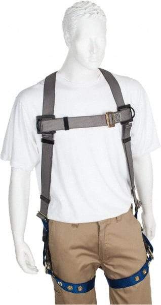 PRO-SAFE - 350 Lb Capacity, Size XXL, Full Body Premium Tongue Buckle Safety Harness - Polyester, Tongue Buckle Leg Strap, Pass-Thru Chest Strap, Gray/Blue - Caliber Tooling