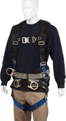 PRO-SAFE - 350 Lb Capacity, Size Universal, Full Body Tower Climbers Safety Harness - Polyester, Front D-Ring, Side D-Ring, Quick Connect Leg Strap, Quick Connect Chest Strap, Black/Blue - Caliber Tooling